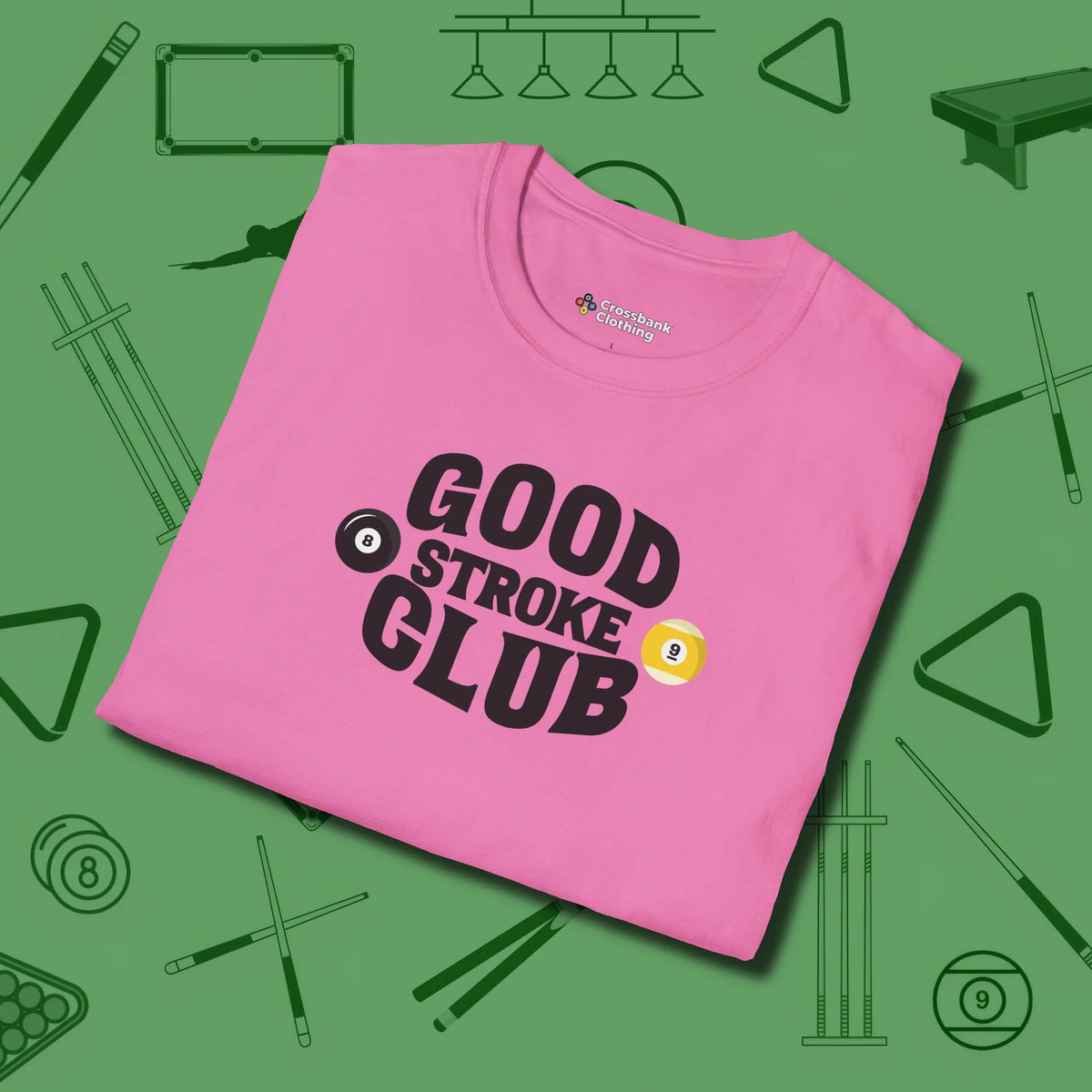 Good Stroke Club T-Shirt, folded view, in Azalea styled to dominate from rack to run-out
