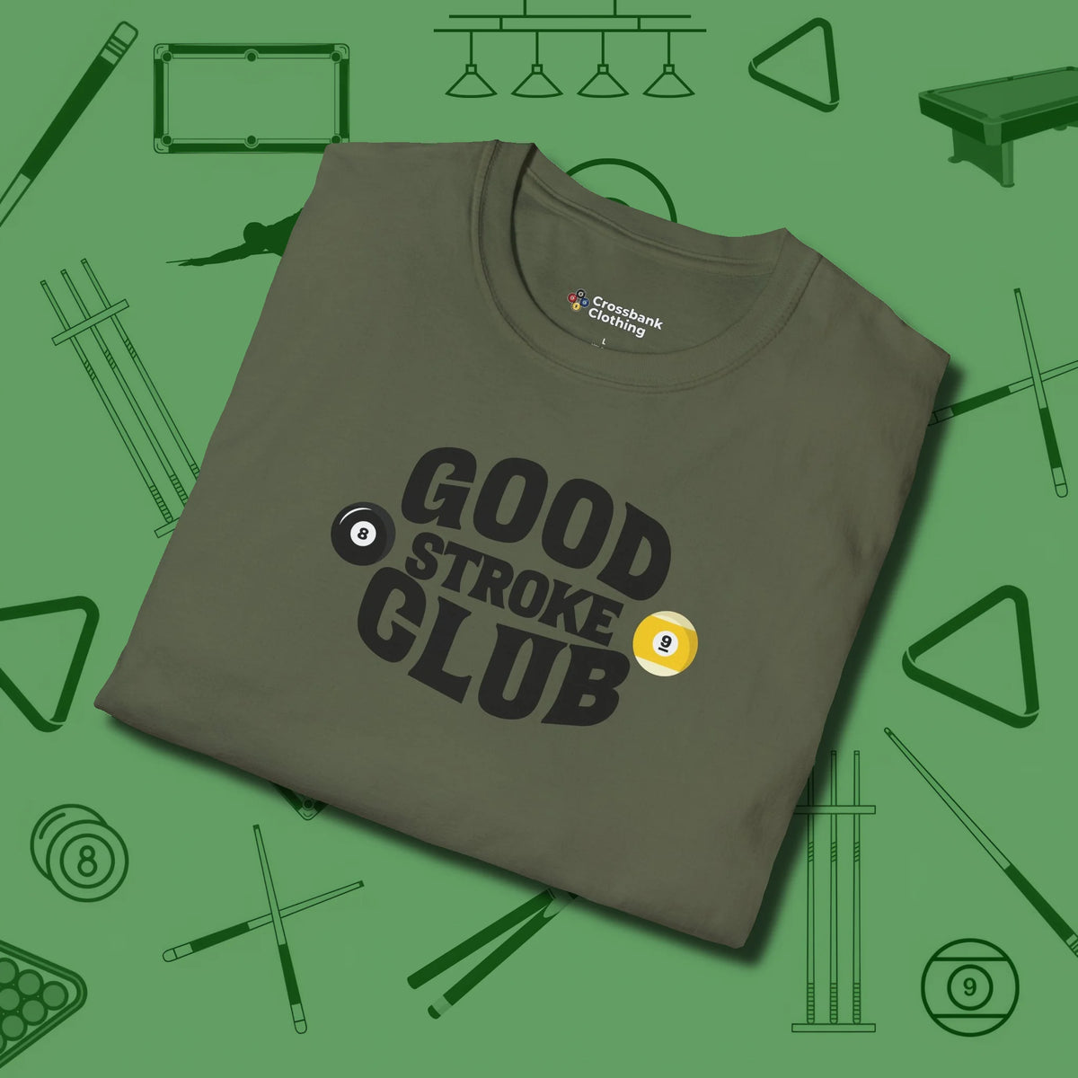 Good Stroke Club T-Shirt, folded view, in Military Green earns respect before the first shot
