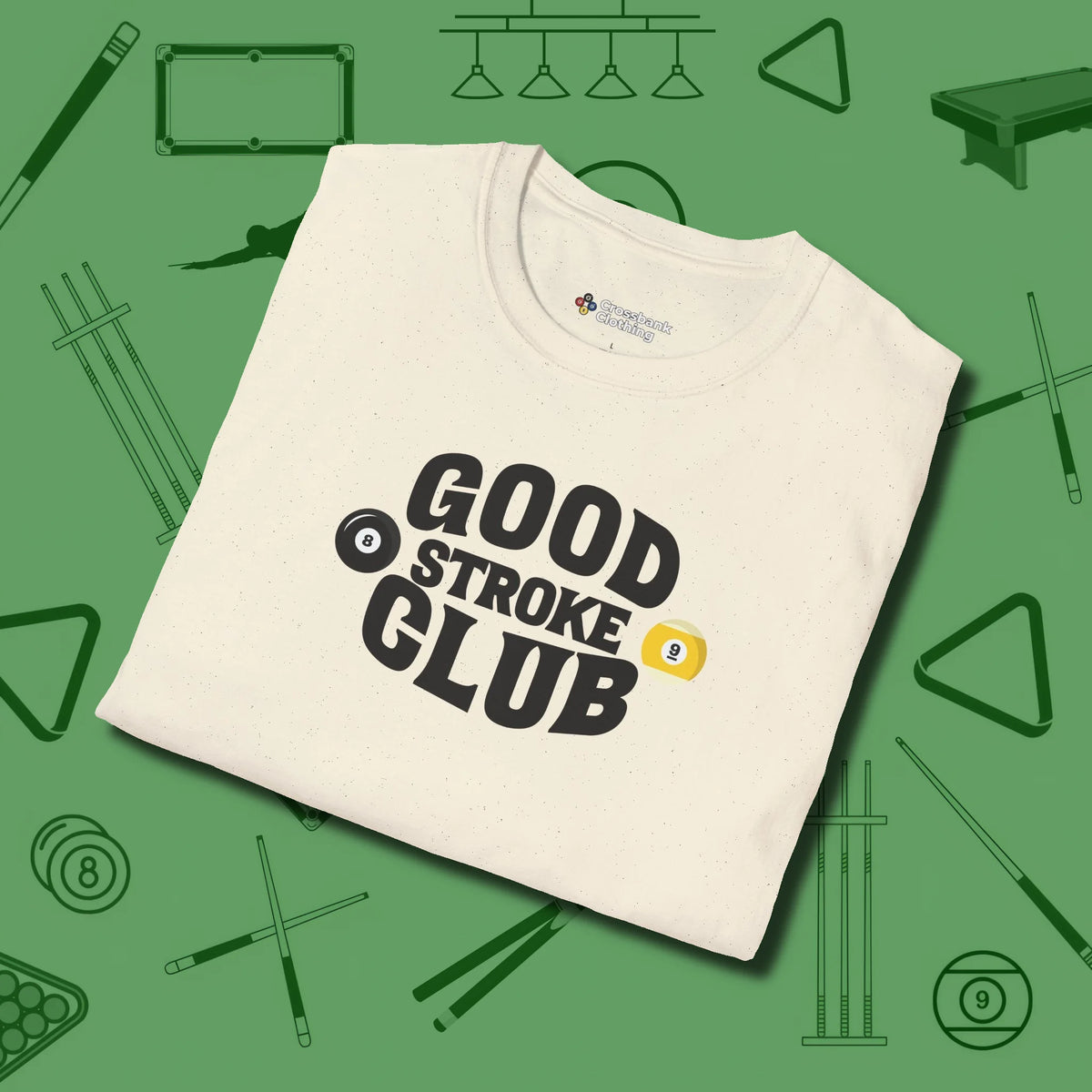 Good Stroke Club T-Shirt, folded view, in Natural where style and cue discipline collide