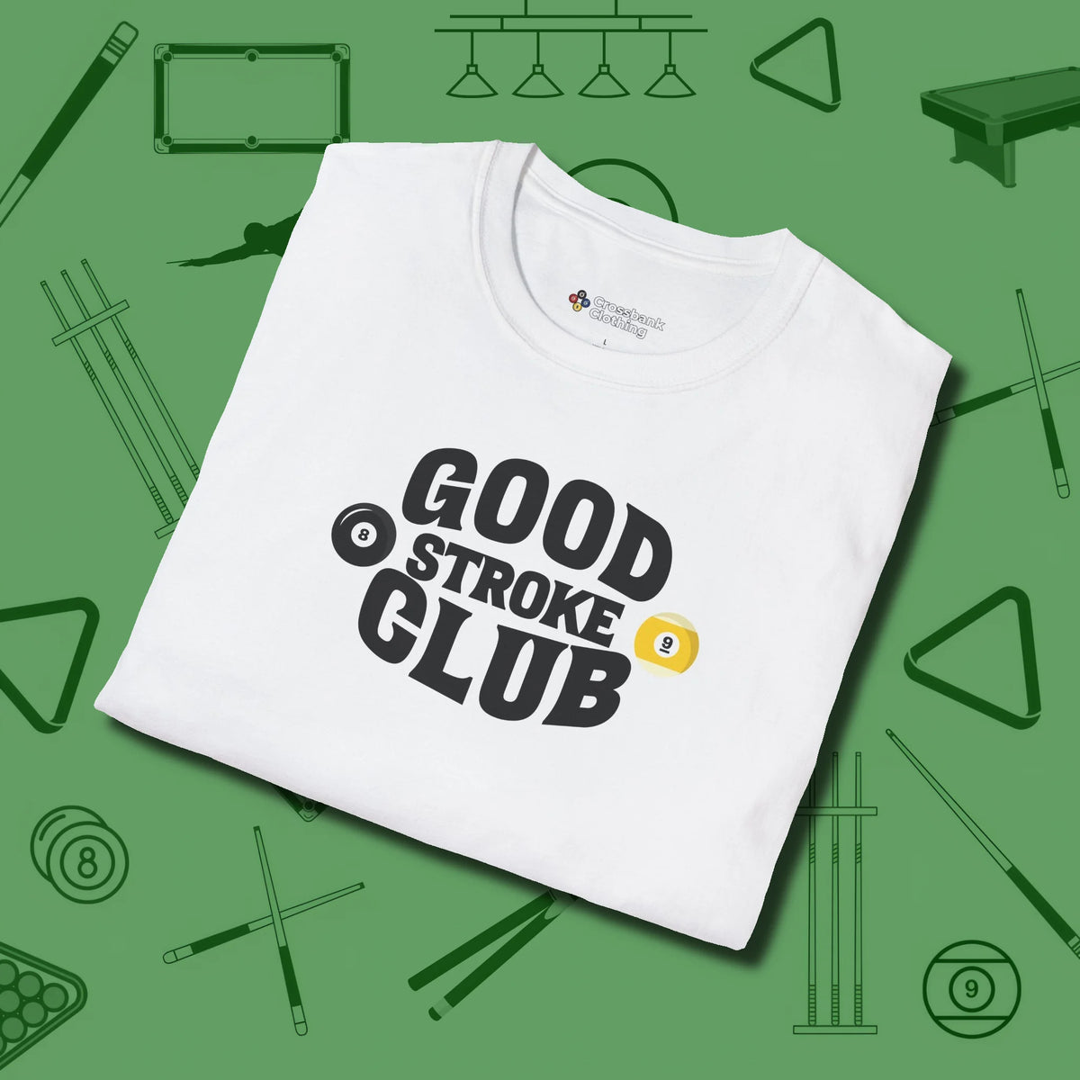 Good Stroke Club T-Shirt, folded view, in White not your average 8-ball graphic tee