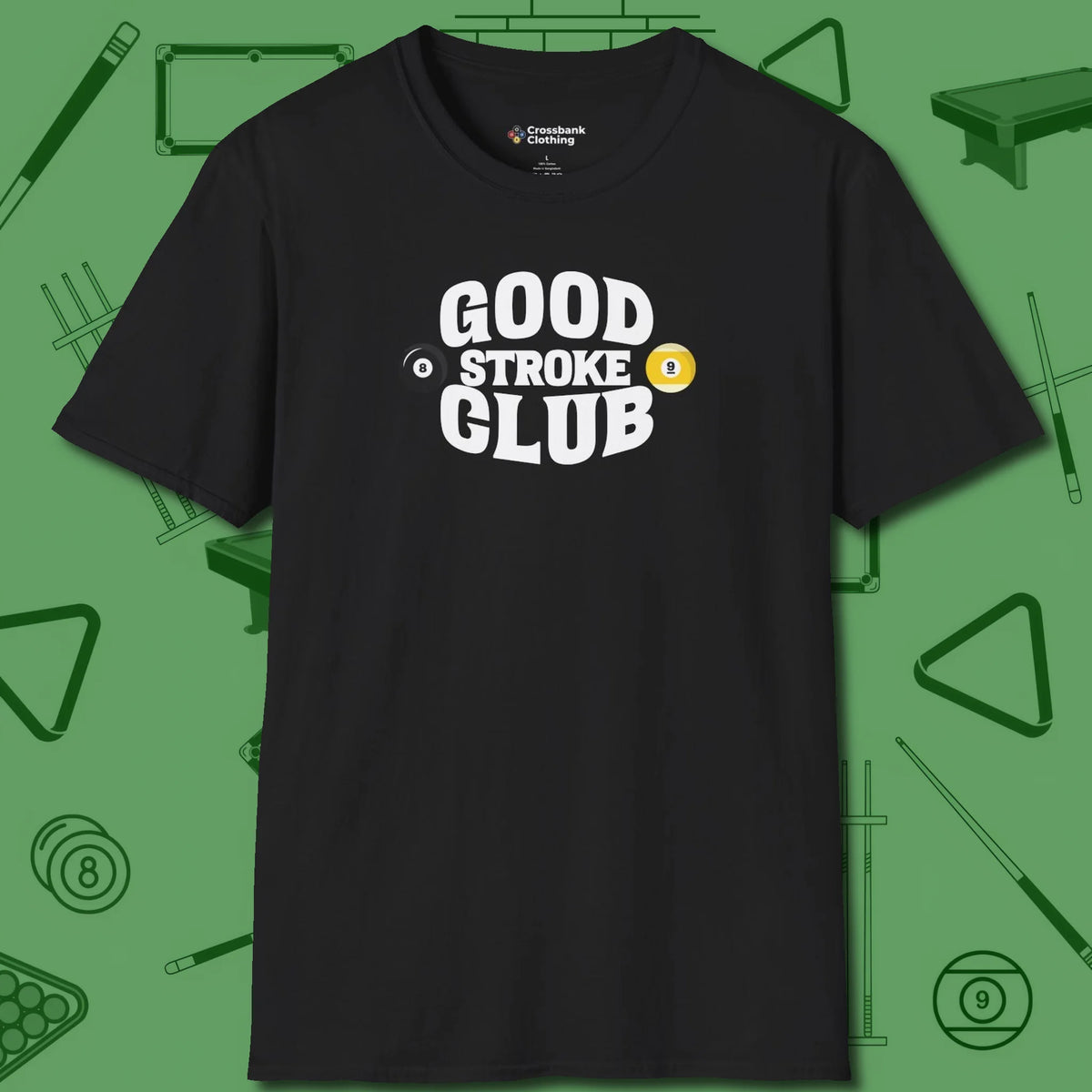 Good Stroke Club T-Shirt, front view, in Black styled to dominate from rack to run-out