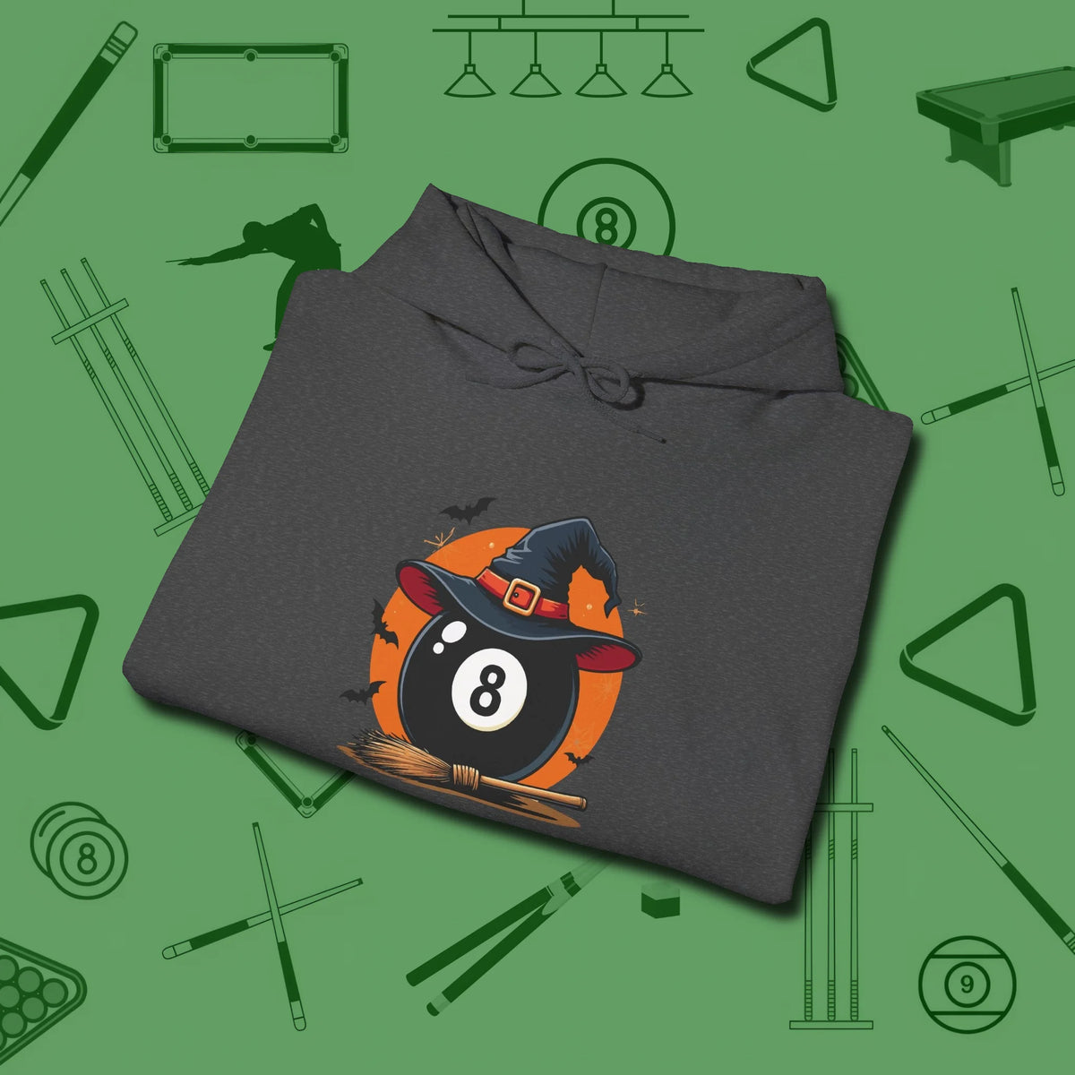 Halloween Witch Eight Ball Hoodie, folded view, in Dark Heather cool under pressure, hot on the eyes
