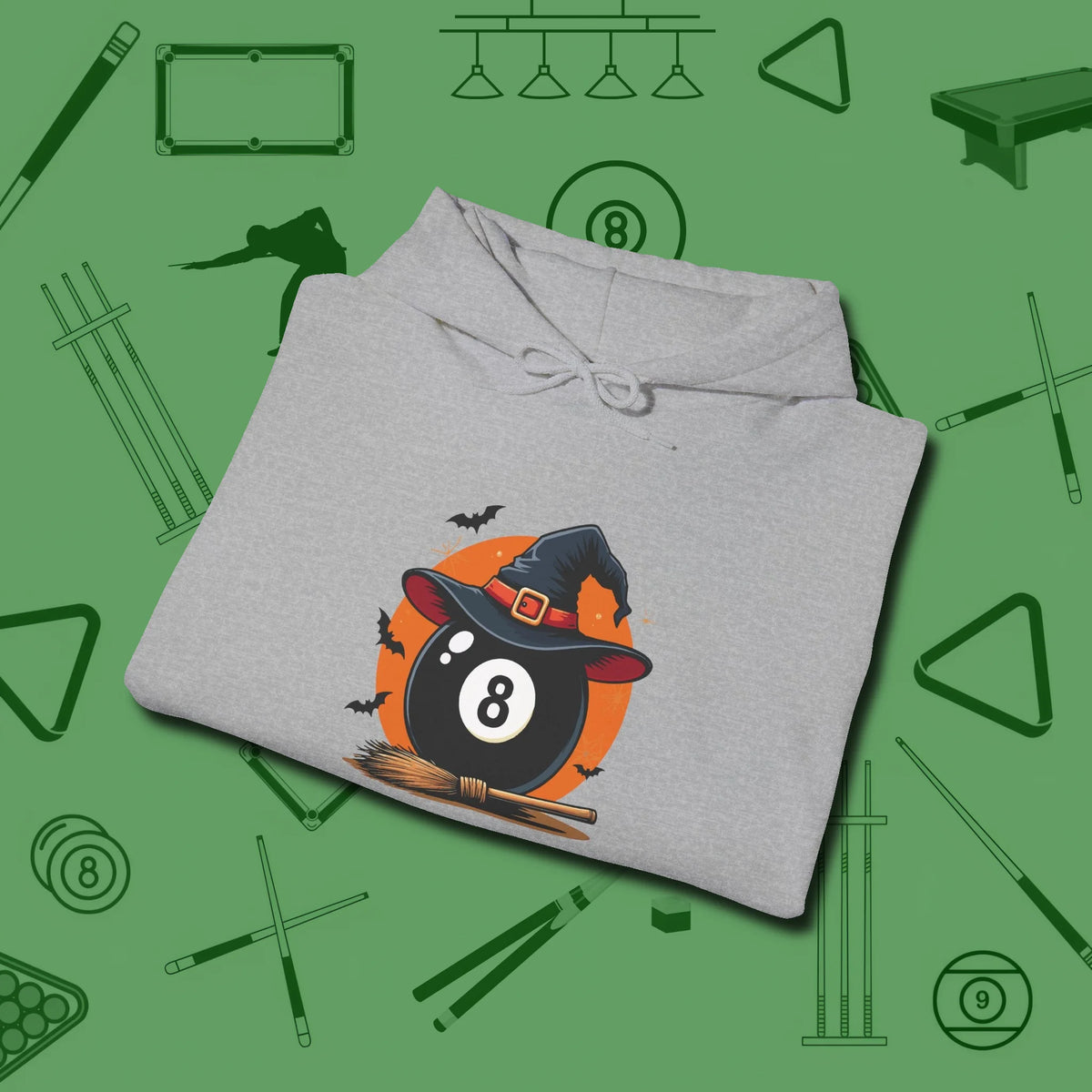 Halloween Witch Eight Ball Hoodie, folded view, in Sport Grey smart apparel for strategic players
