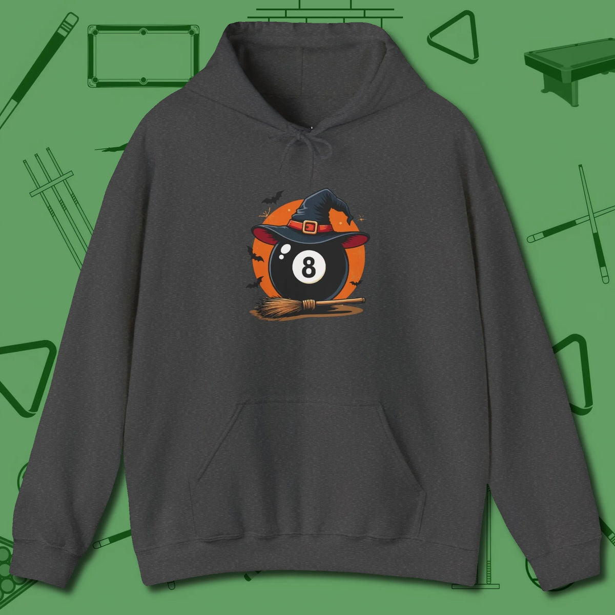 Halloween Witch Eight Ball Hoodie, front view, in Forest Green attitude built for the long haul