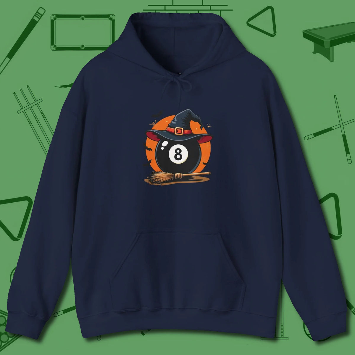 Halloween Witch Eight Ball Hoodie, front view, in Navy from chalk to clutch, look the part