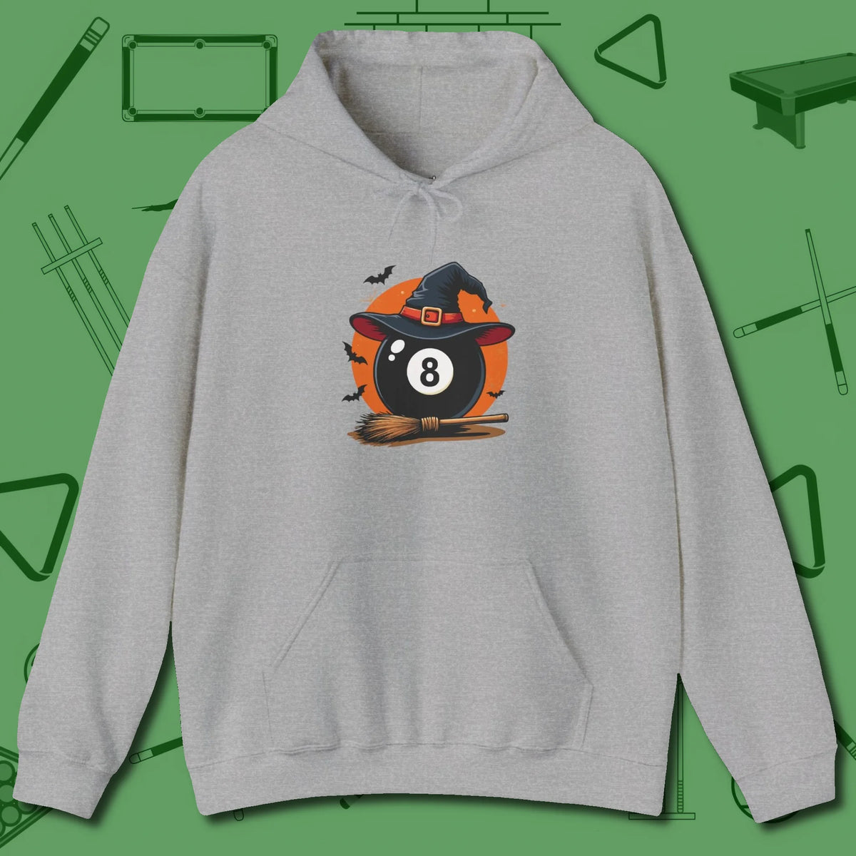 Halloween Witch Eight Ball Hoodie, front view, in Sport Grey break, run out, turn heads — repeat