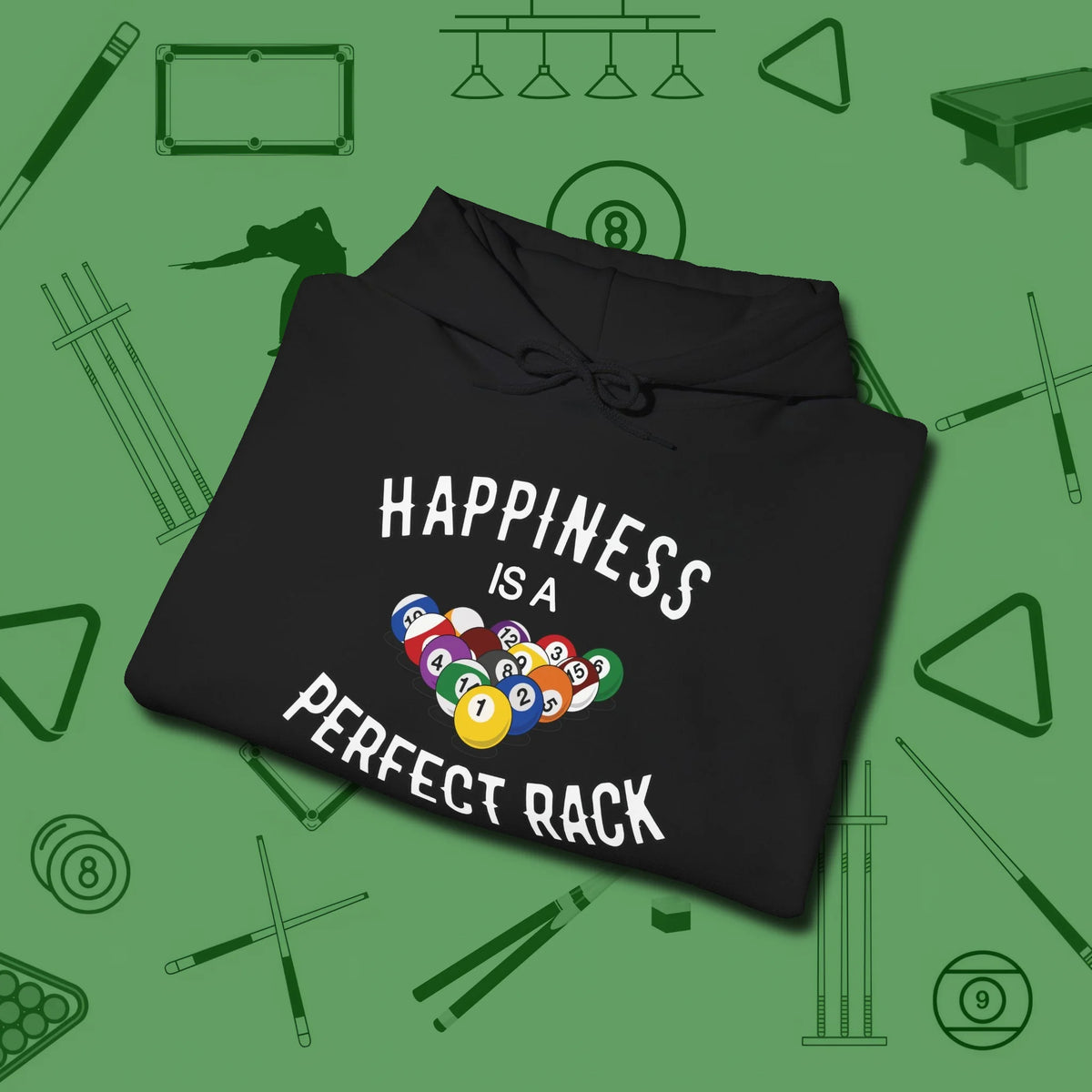 Happiness Is A Perfect Rack Hoodie, folded view, in Black for shooters who dress like they play: sharp