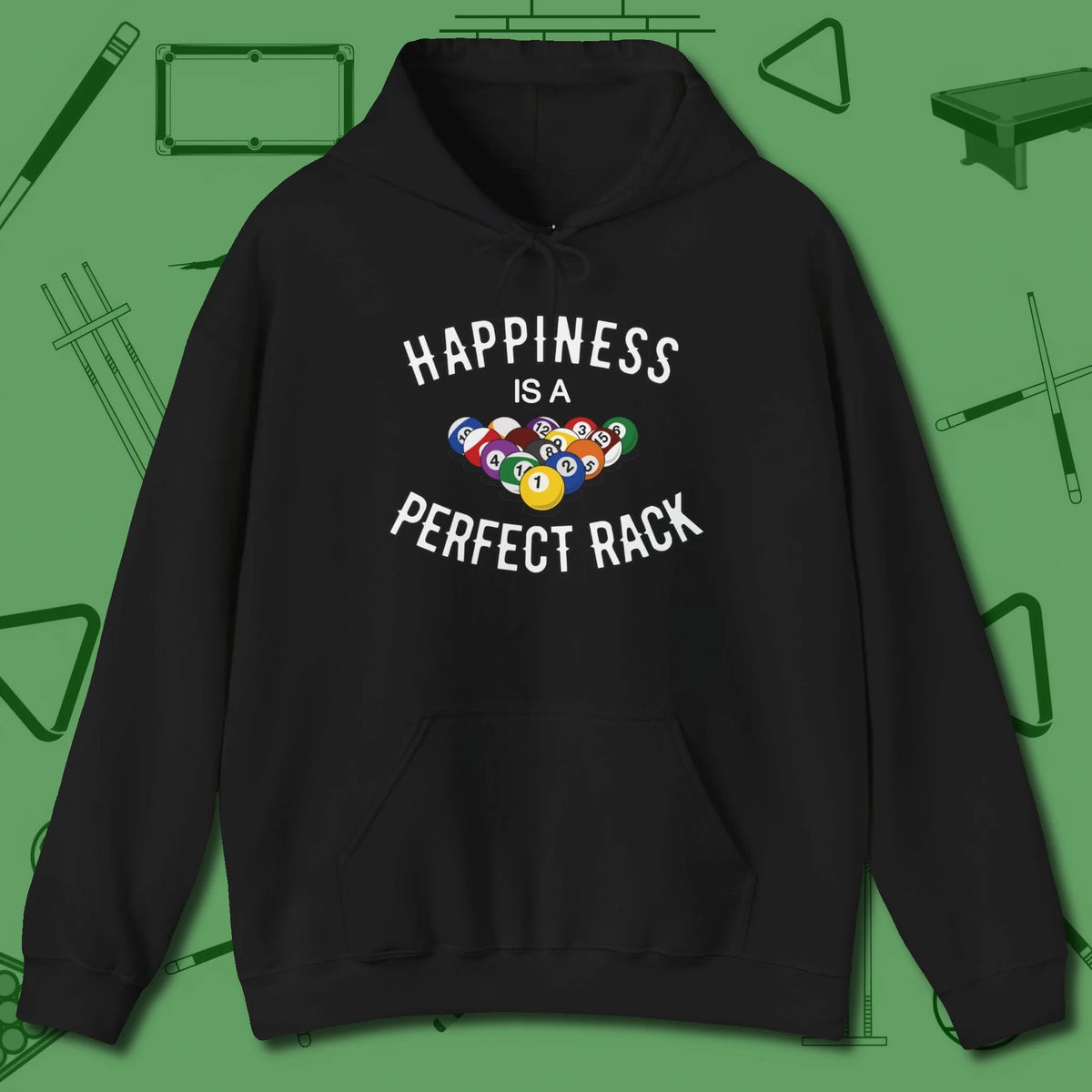 Happiness Is A Perfect Rack Hoodie, front view, in Black what champions wear between racks