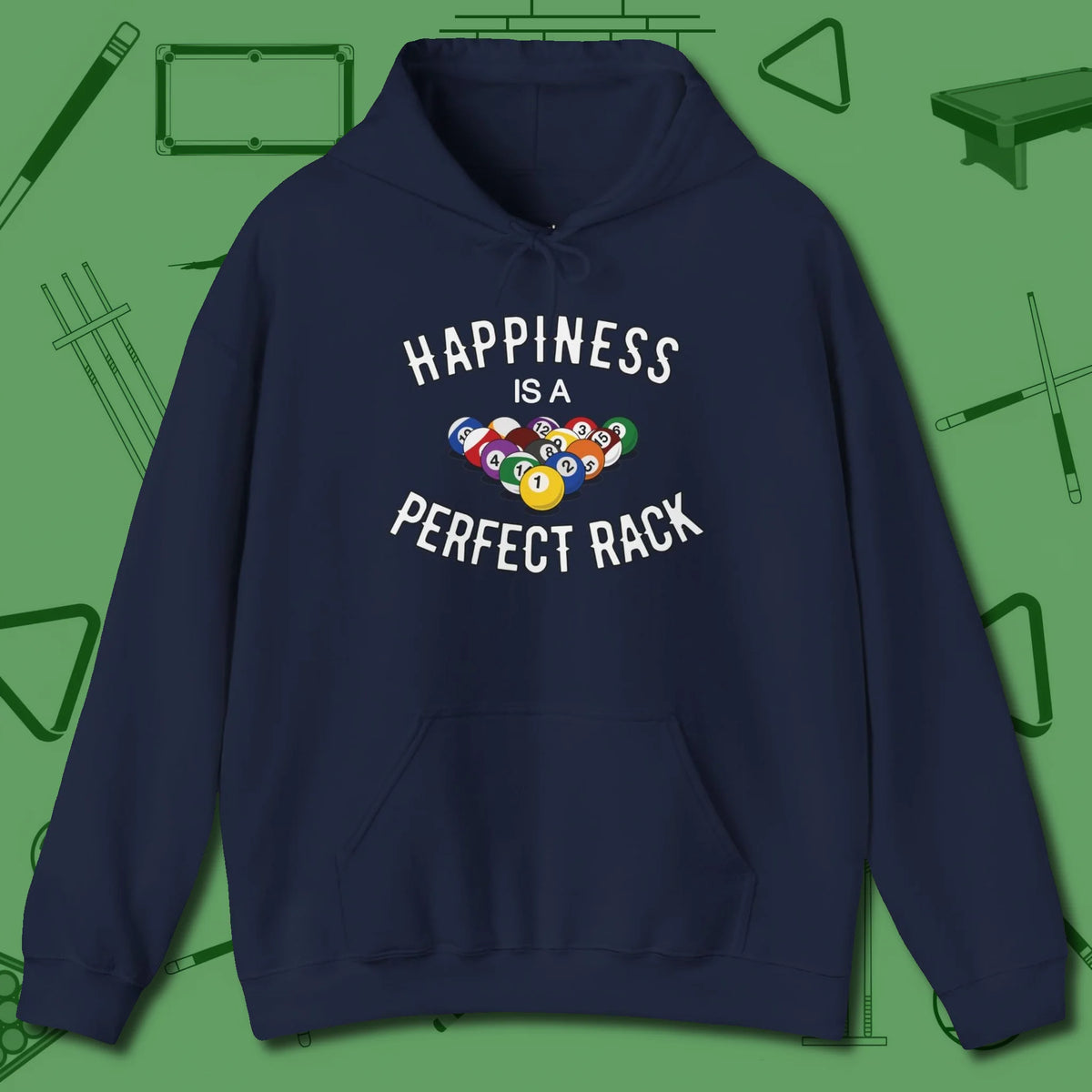 Happiness Is A Perfect Rack Hoodie, front view, in Navy helps your stroke and your style