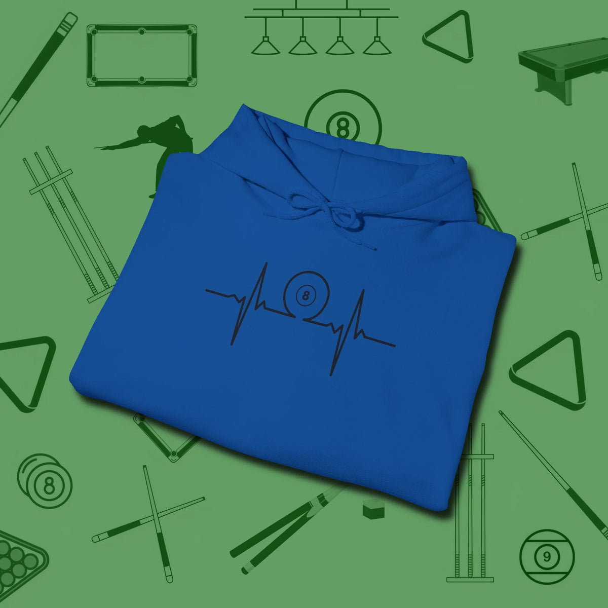 Heartbeat 8 Ball Hoodie, folded view, in Royal earns respect before the first shot