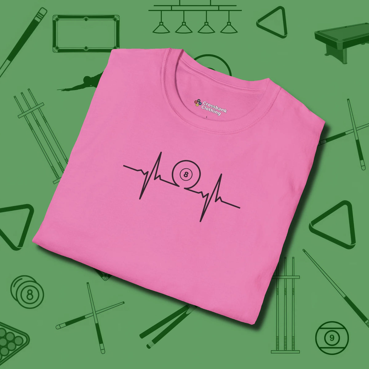 Heartbeat 8 Ball T-Shirt, folded view, in Azalea helps your stroke and your style