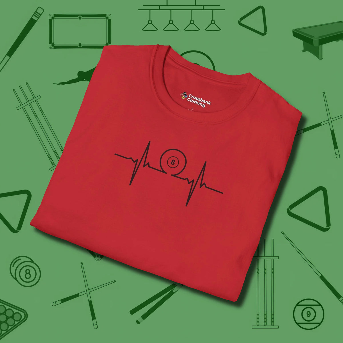 Heartbeat 8 Ball T-Shirt, folded view, in Red for players who live the game