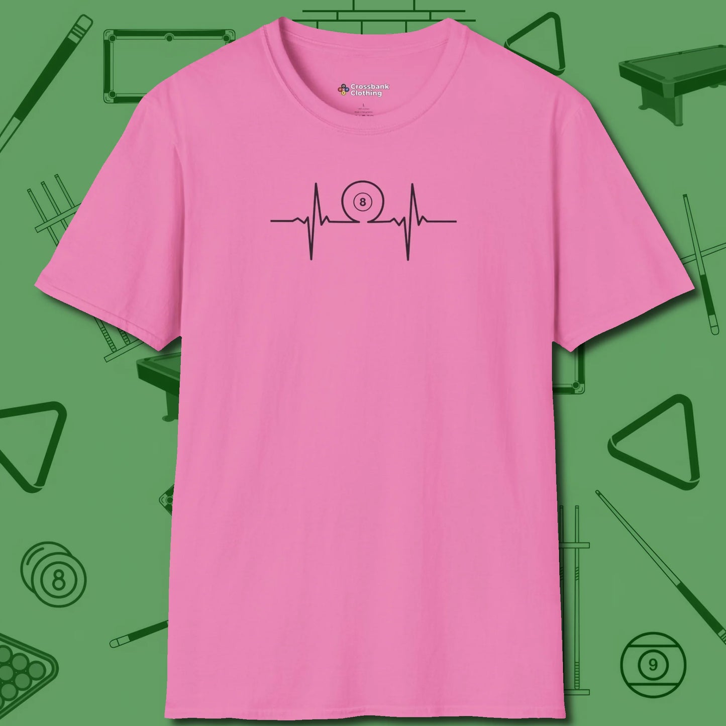 Heartbeat 8 Ball T-Shirt, front view, in Azalea confidence stitched in every seam
