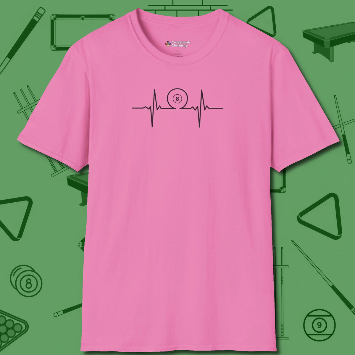 Heartbeat 8 Ball T-Shirt, front view, in Azalea confidence stitched in every seam