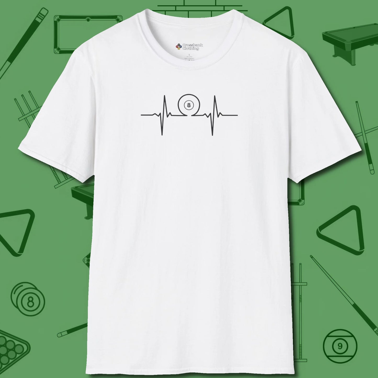 Heartbeat 8 Ball T-Shirt, front view, in White subtle drip for serious shooters