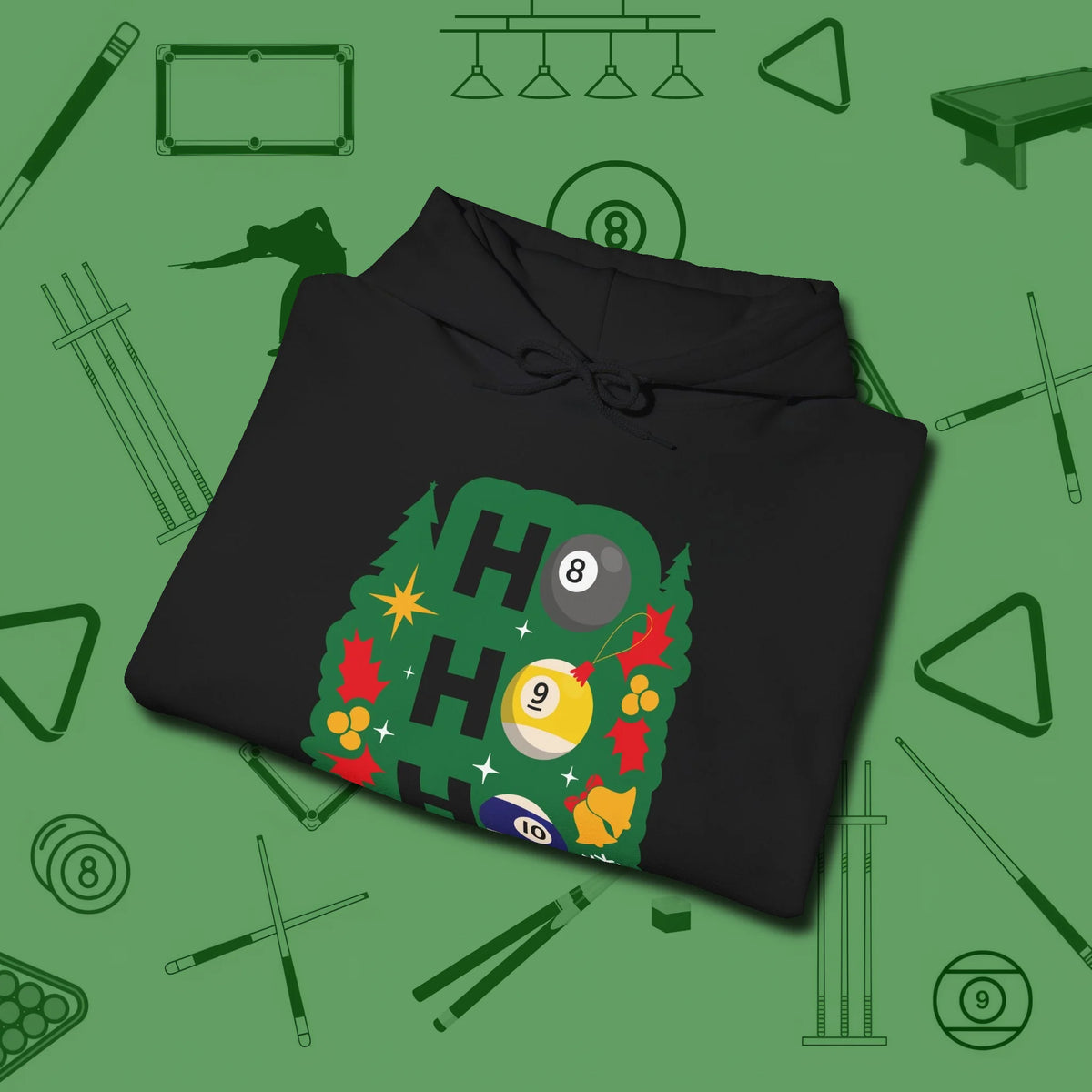 Ho Ho Ho Billiards Hoodie, folded view, in Black dress for the shot you want to take