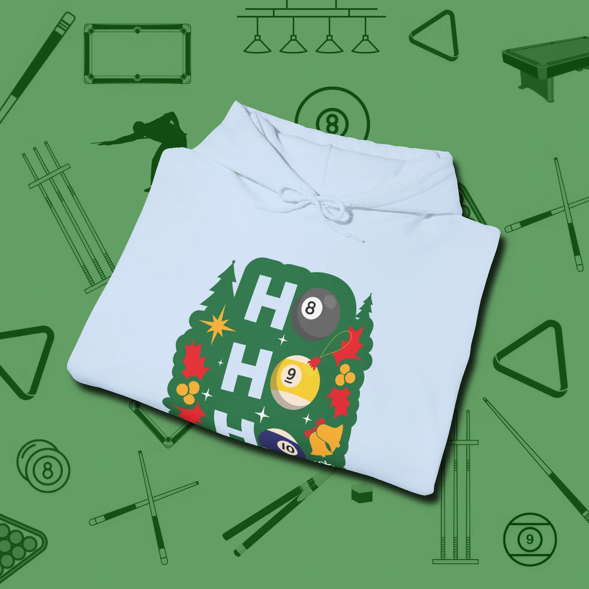 Ho Ho Ho Billiards Hoodie, folded view, in Light Blue clean lines for dirty minds