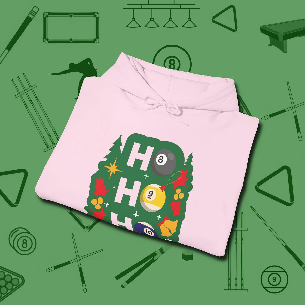 Ho Ho Ho Billiards Hoodie, folded view, in Light Pink clean lines for dirty minds