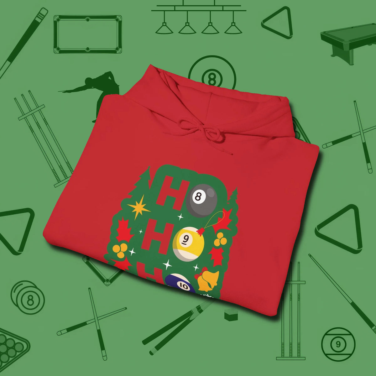 Ho Ho Ho Billiards Hoodie, folded view, in Red look good while calling your pocket