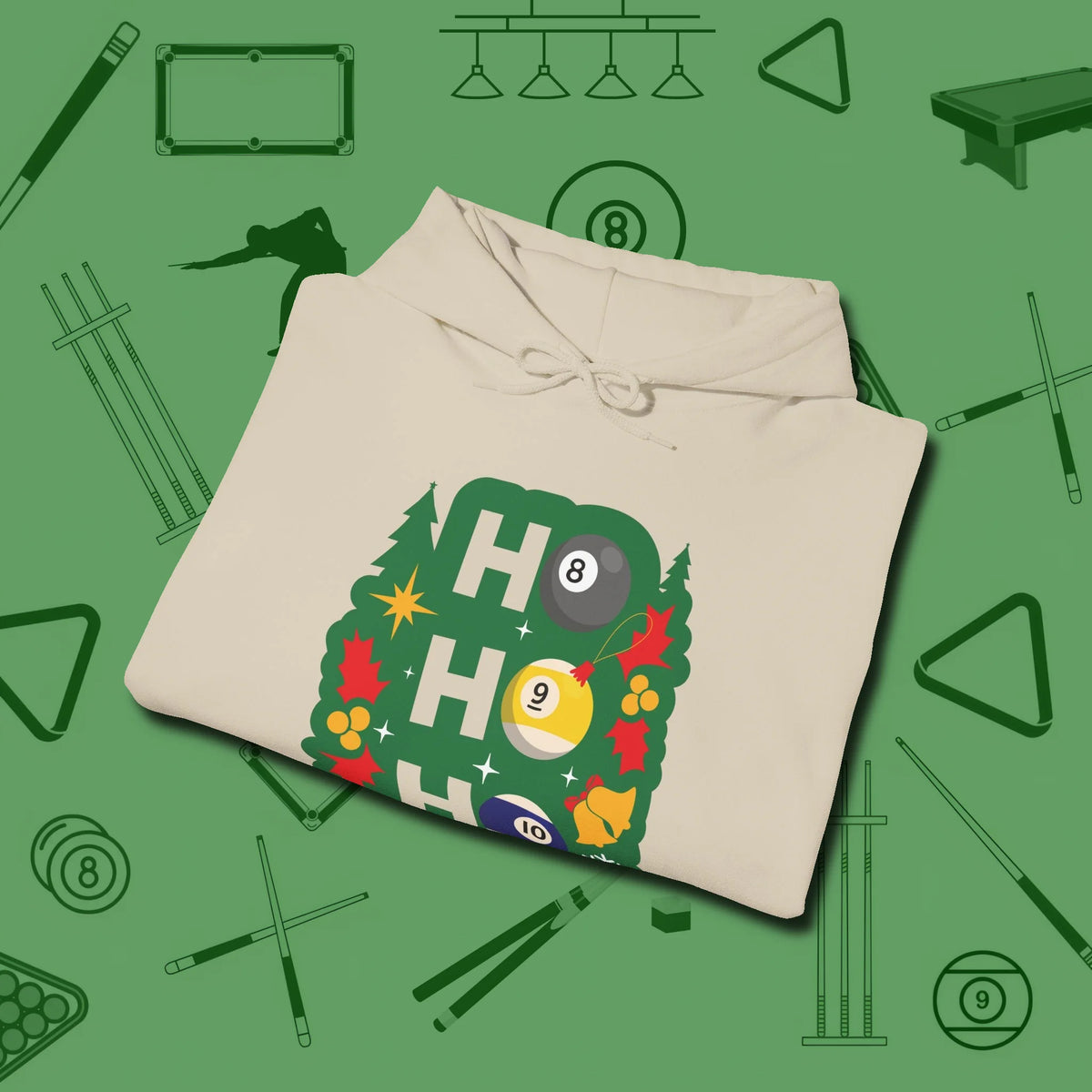 Ho Ho Ho Billiards Hoodie, folded view, in Sand smart apparel for strategic players
