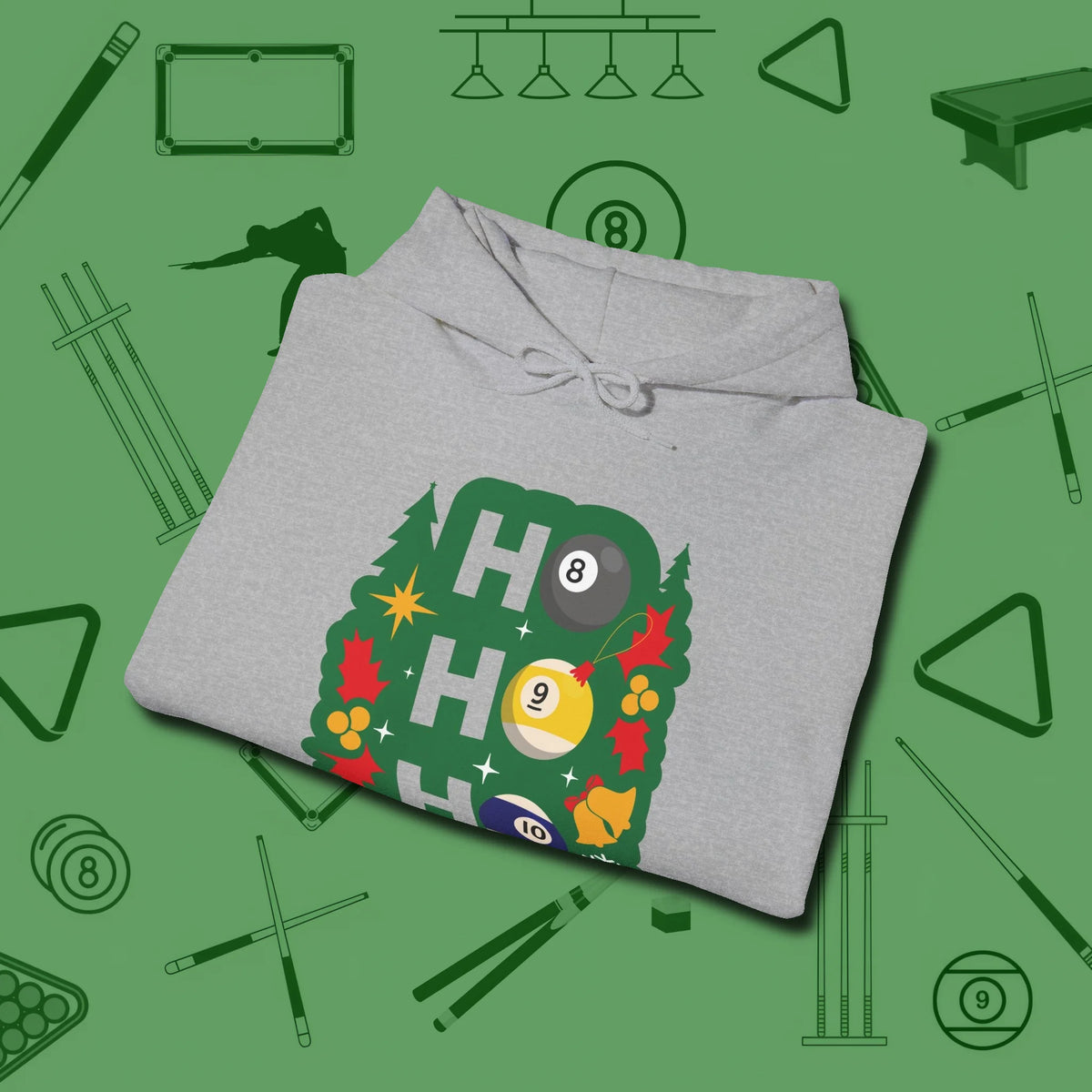 Ho Ho Ho Billiards Hoodie, folded view, in Sport Grey cue sports swagger done right