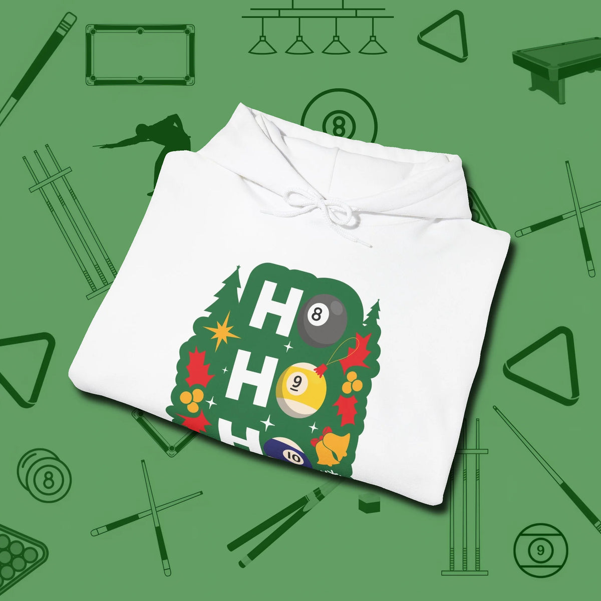 Ho Ho Ho Billiards Hoodie, folded view, in White table-tested, street-approved style
