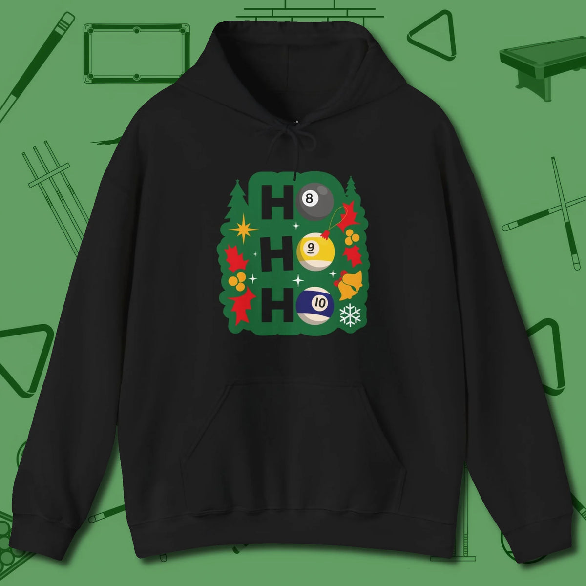 Ho Ho Ho Billiards Hoodie, front view, in Black because the table is your battlefield