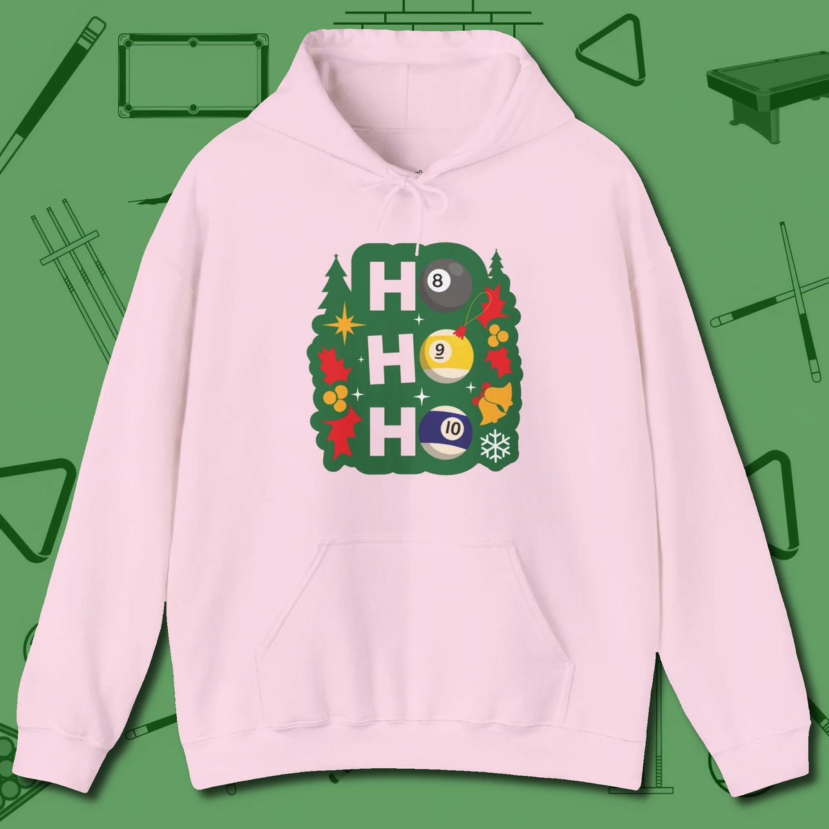 Ho Ho Ho Billiards Hoodie, front view, in Light Pink classic cue style, no gimmicks