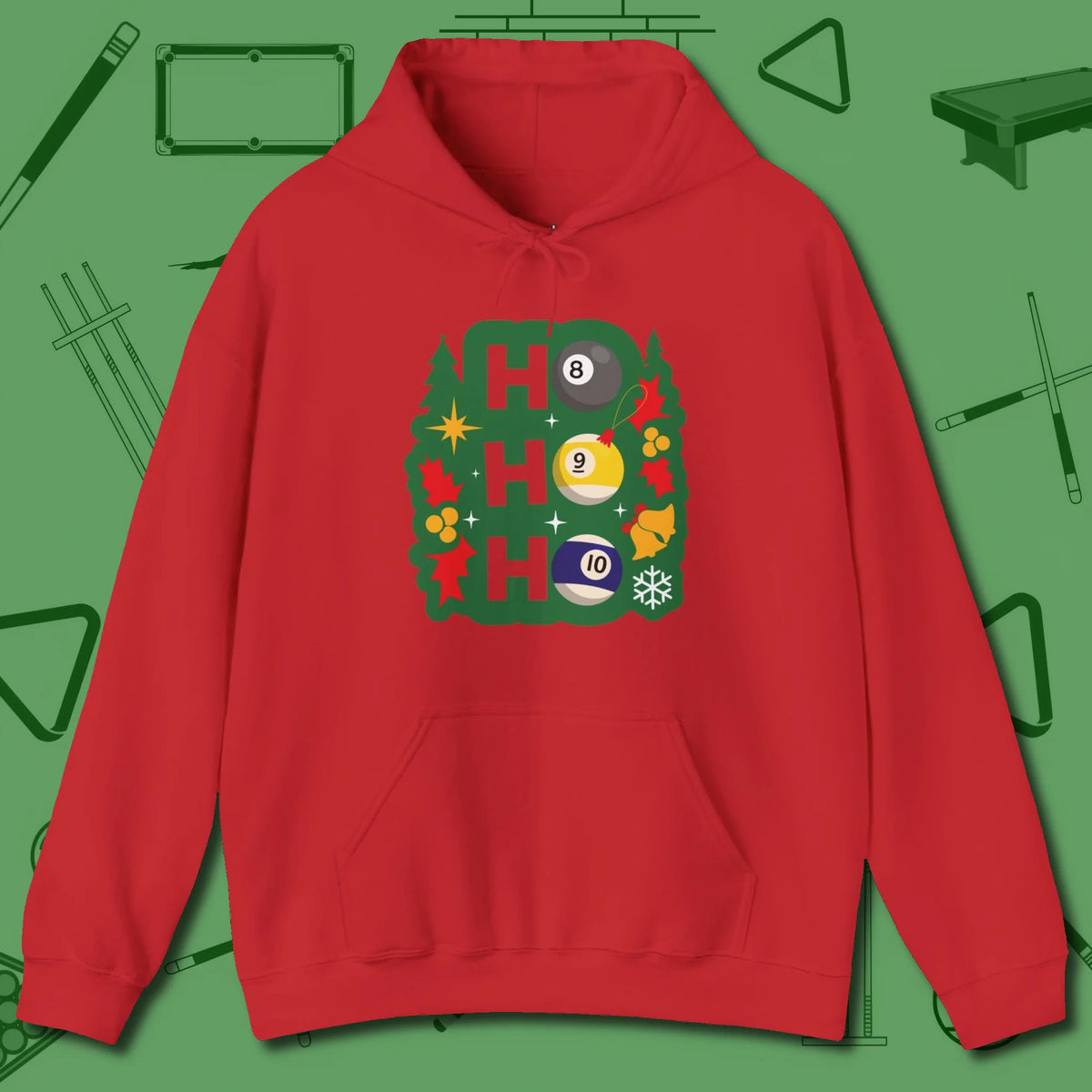 Ho Ho Ho Billiards Hoodie, front view, in Red because pool isn’t just a game — it’s who you are