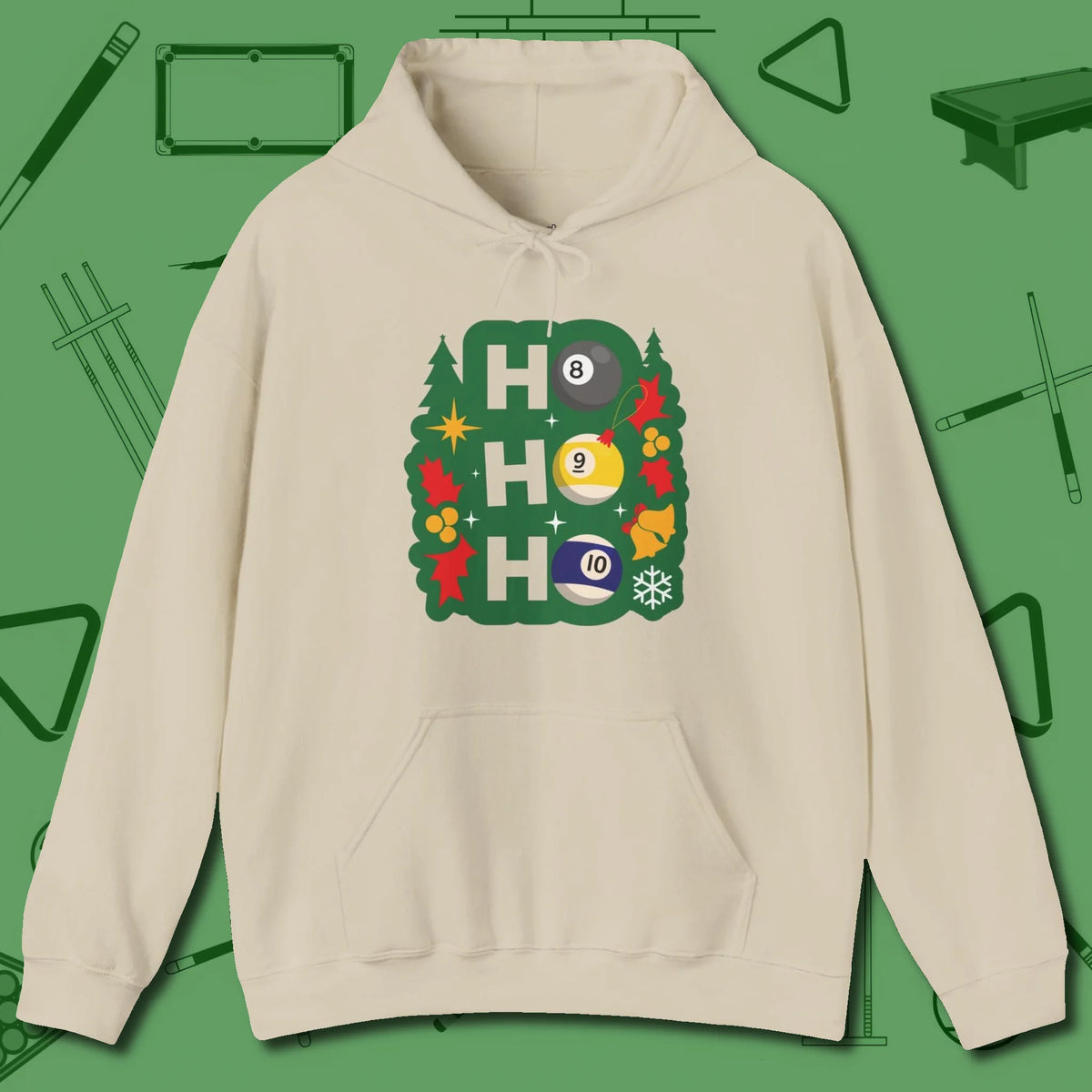 Ho Ho Ho Billiards Hoodie, front view, in Sand tough like your favorite break cue