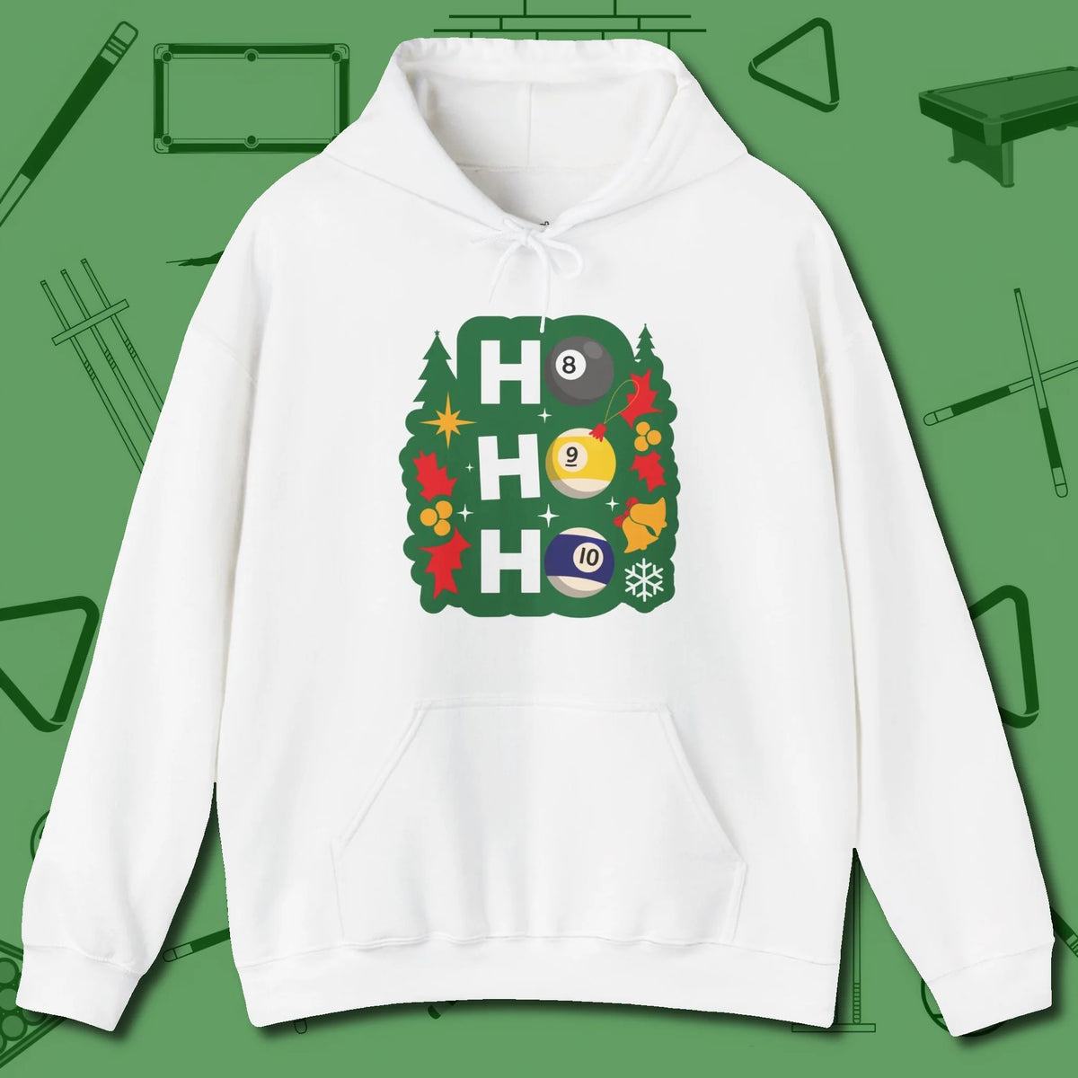 Ho Ho Ho Billiards Hoodie, front view, in White ideal for clean hits and clean fits