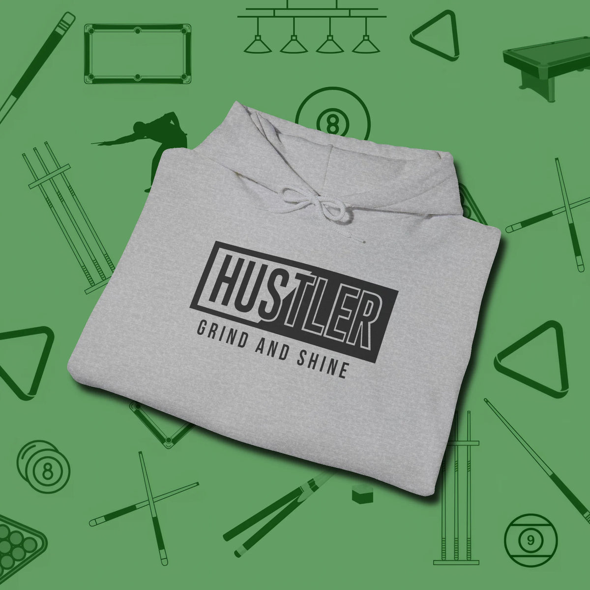 Hustler Grind and Shine Hoodie, folded view, in Sport Grey stitched for cue discipline and cool confidence