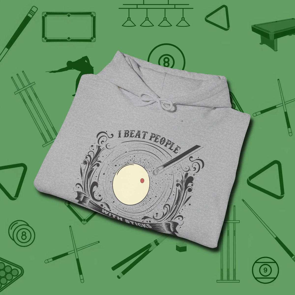 I Beat People With Sticks Hoodie, folded view, in Sport Grey smart enough for the felt and the street