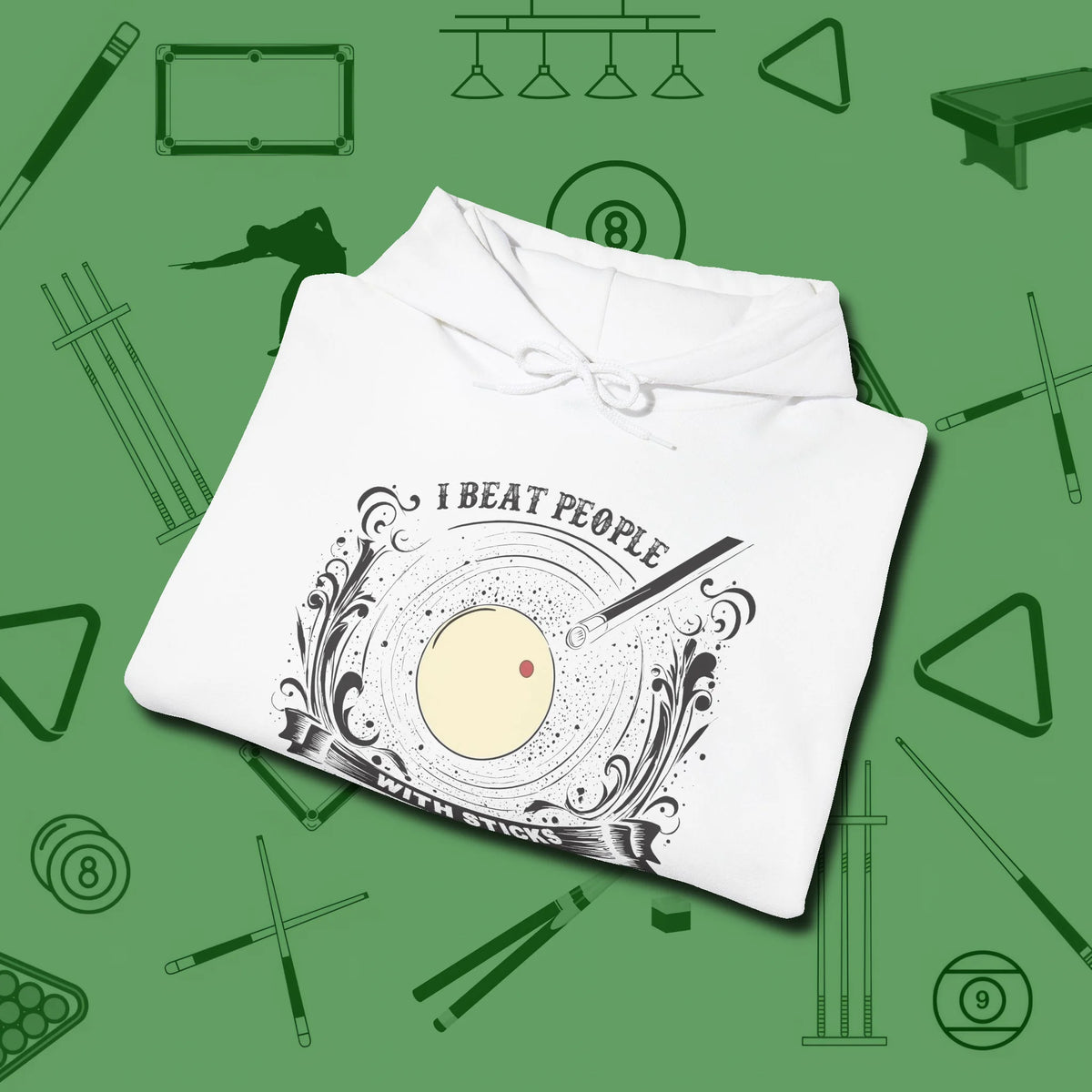 I Beat People With Sticks Hoodie, folded view, in White classic cue style, no gimmicks
