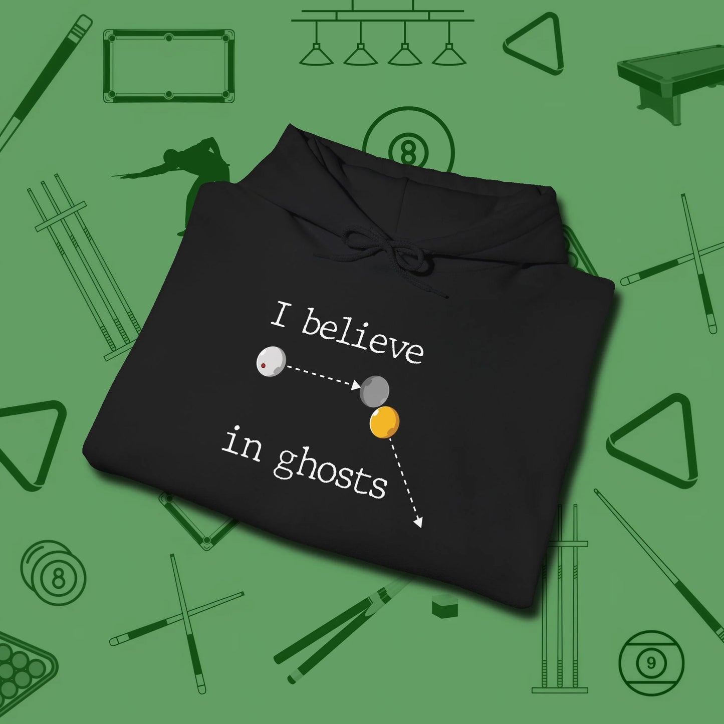 I Believe in Ghosts Hoodie, folded view, in Black an extension of your pool persona