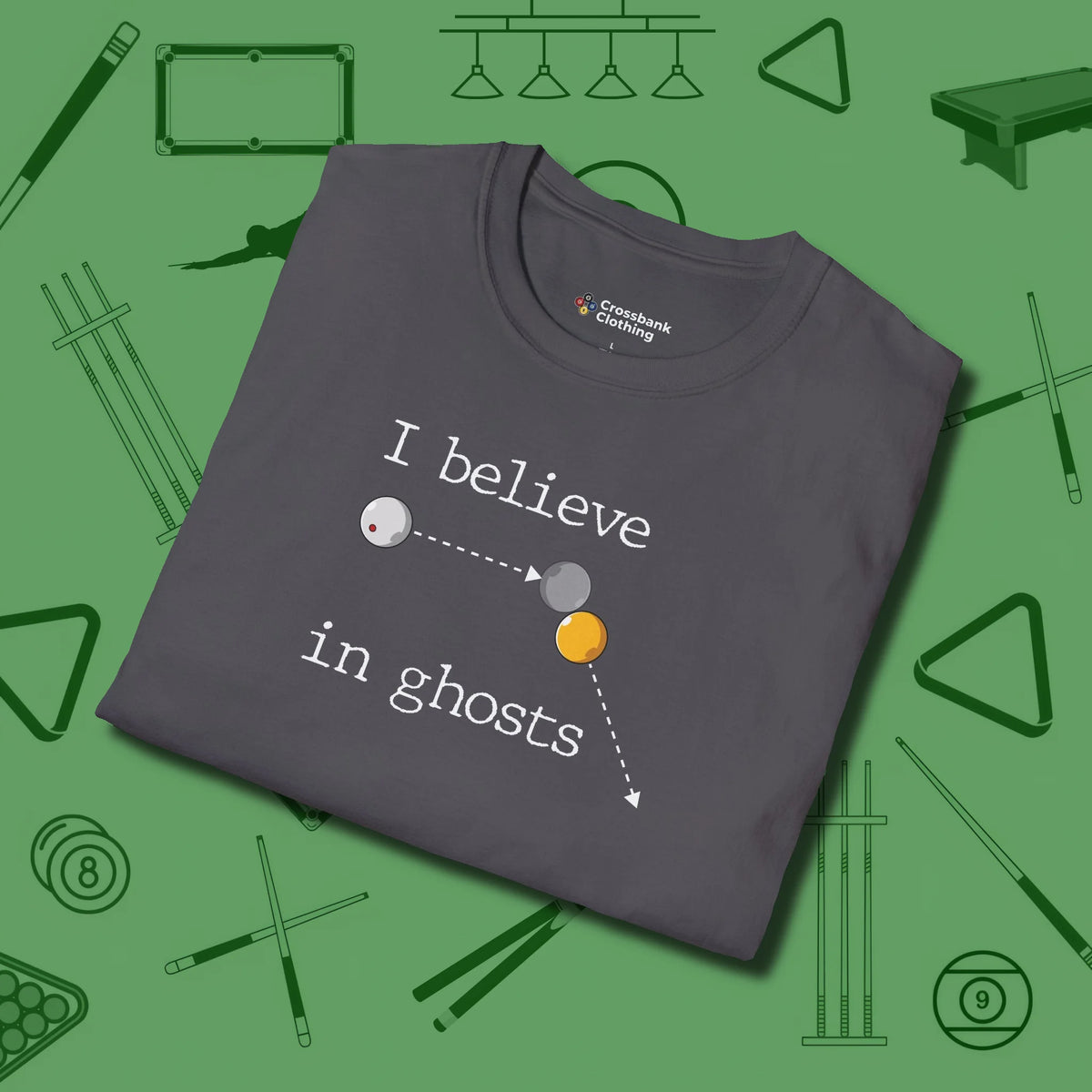 I Believe in Ghosts T-Shirt, folded view, in Charcoal the shirt that plays position