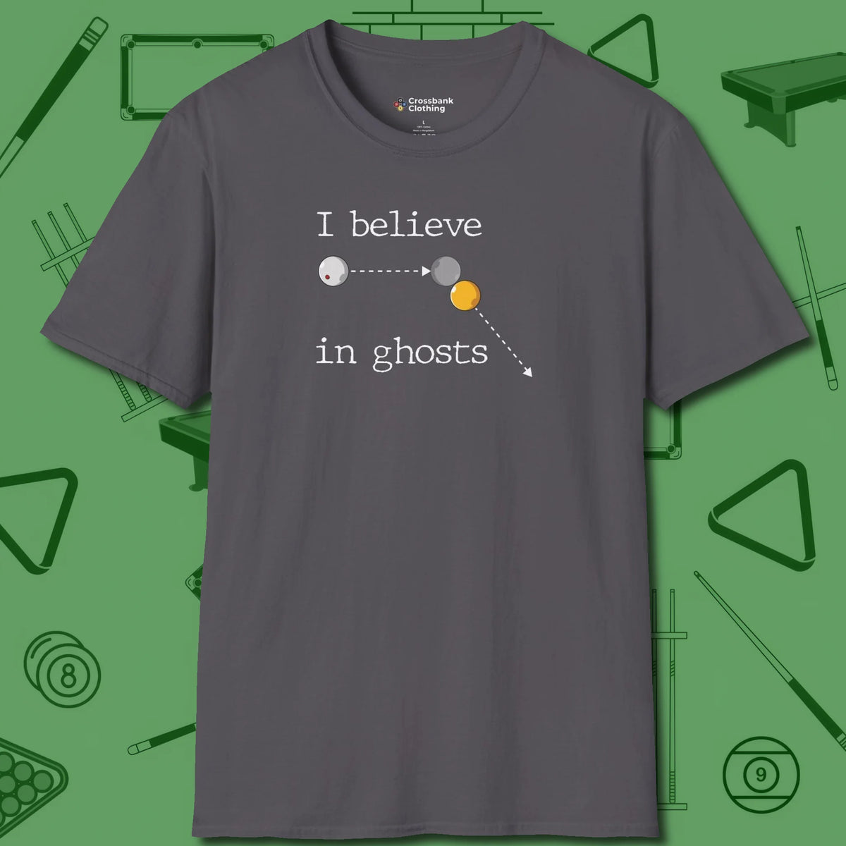 I Believe in Ghosts T-Shirt, front view, in Charcoal designed for dead stroke and deadpan looks