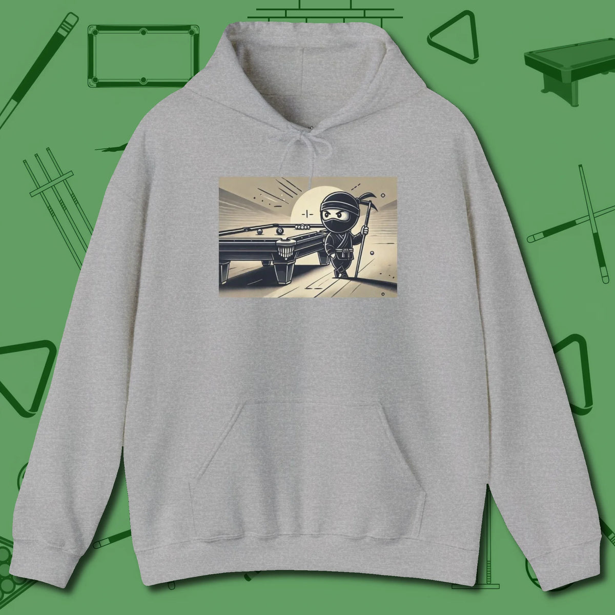 Irate Ninja Hoodie, front view, in Sport Grey dress for the shot you want to take
