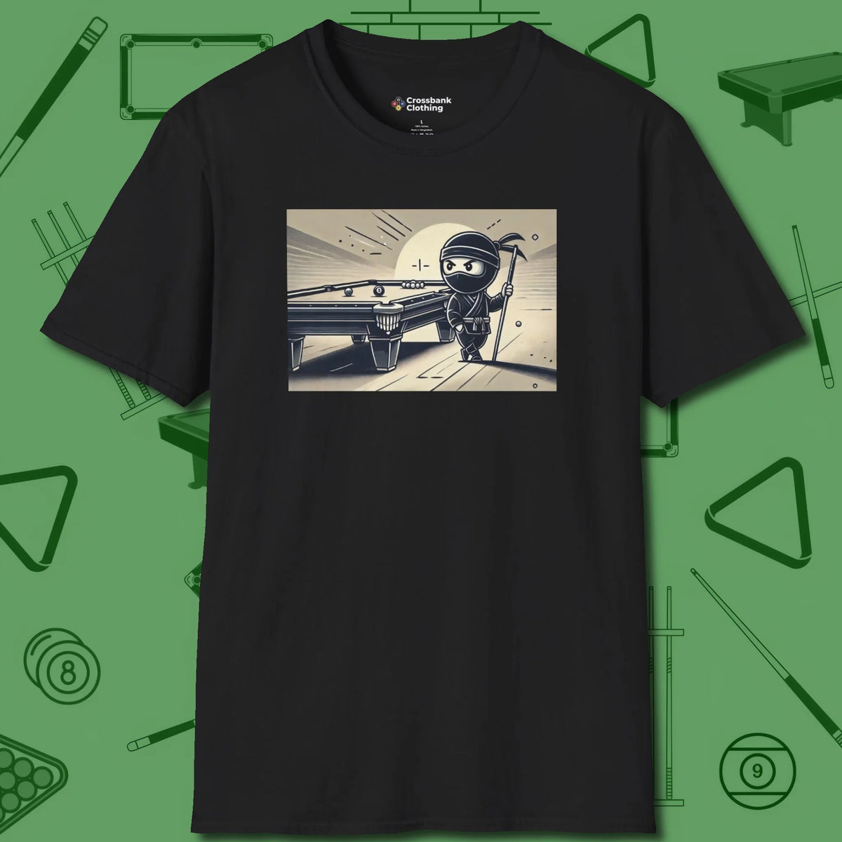 Irate Ninja T-Shirt, front view, in Black clean lines for dirty minds