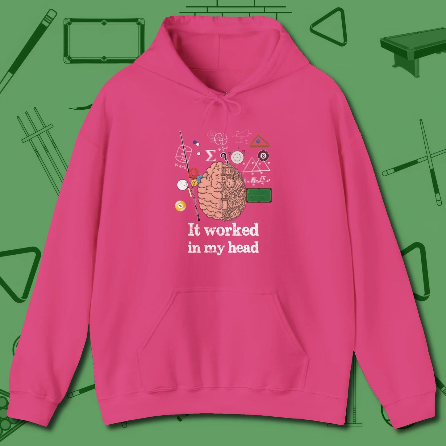 It Worked In My Head Hoodie, front view, in Heliconia what champions wear between racks