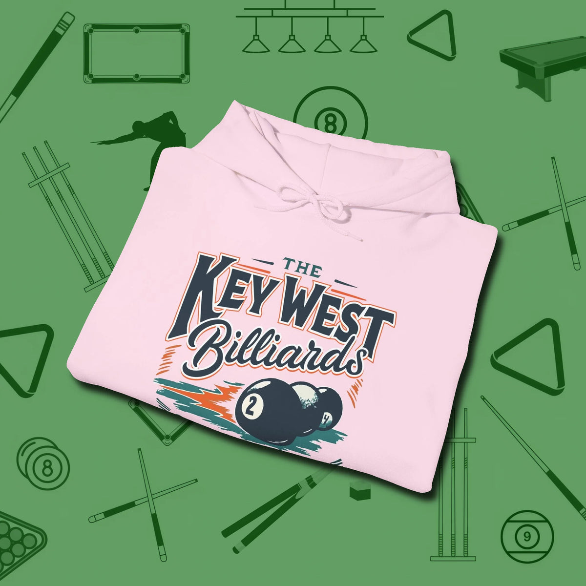 Key West Billiards Hoodie, folded view, in Light Pink what the real shooters wear