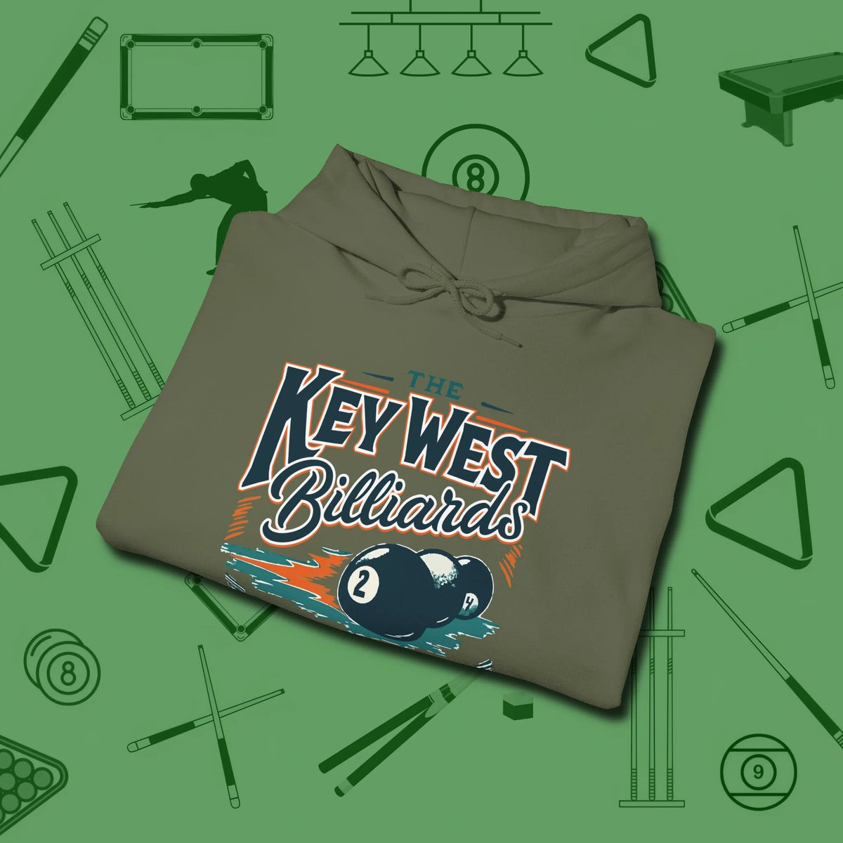 Key West Billiards Hoodie, folded view, in Military Green precise, confident, always in control