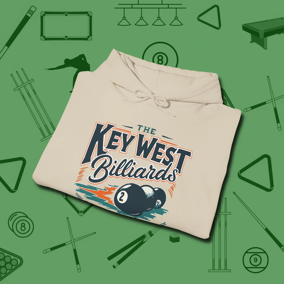 Key West Billiards Hoodie, folded view, in Sand it’s not a hobby — it’s a lifestyle