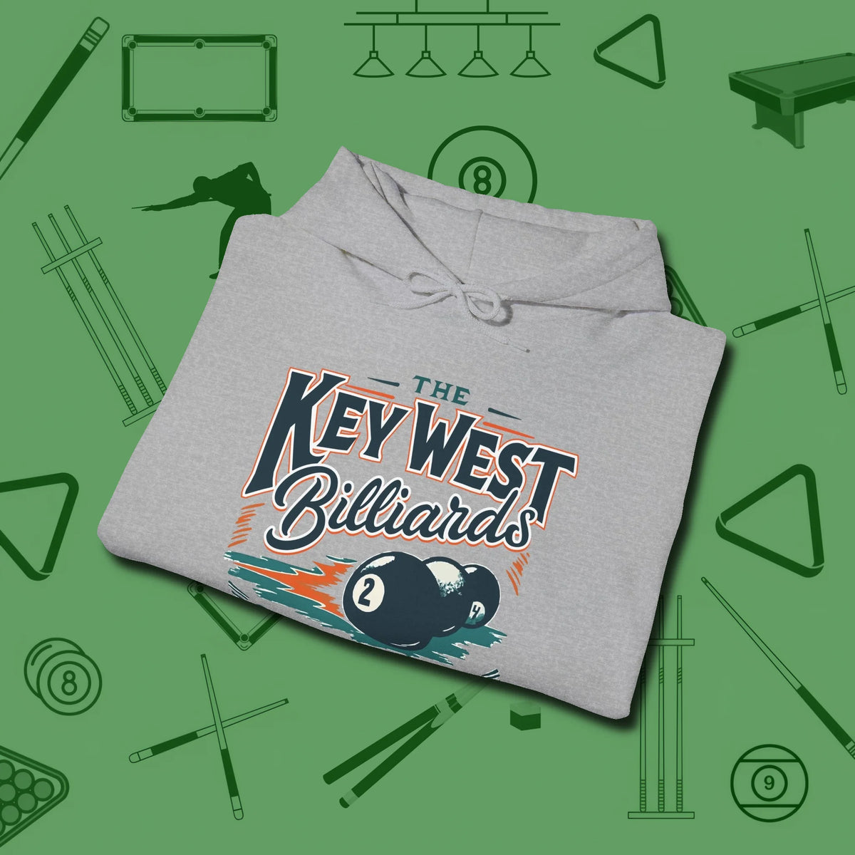 Key West Billiards Hoodie, folded view, in Sport Grey your secret weapon off the table
