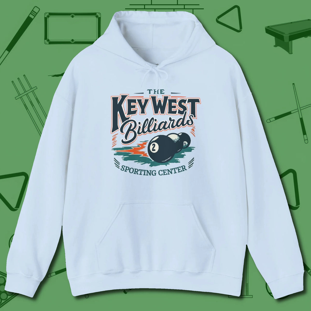 Key West Billiards Hoodie, front view, in Light Blue your go-to shirt for league night victories