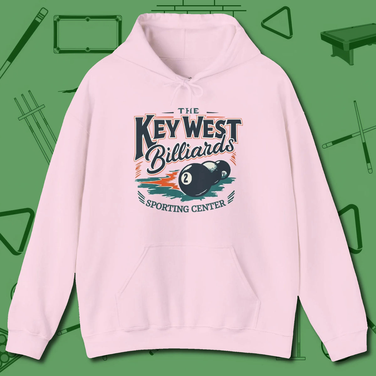 Key West Billiards Hoodie, front view, in Light Pink what champions wear between racks