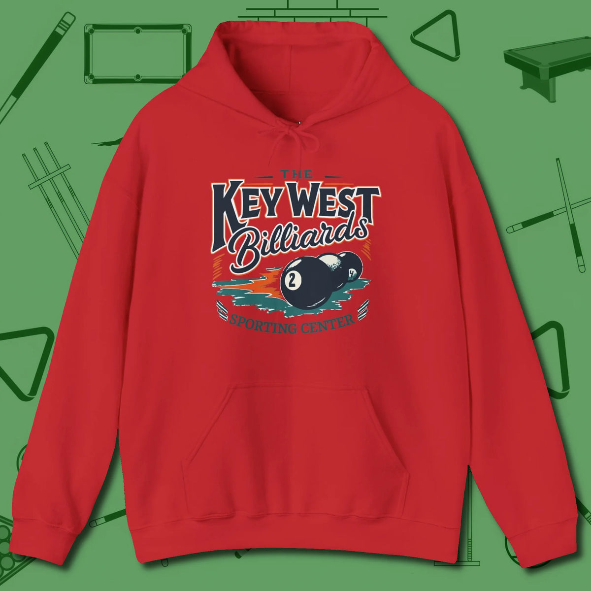 Key West Billiards Hoodie, front view, in Red cool under pressure, hot on the eyes