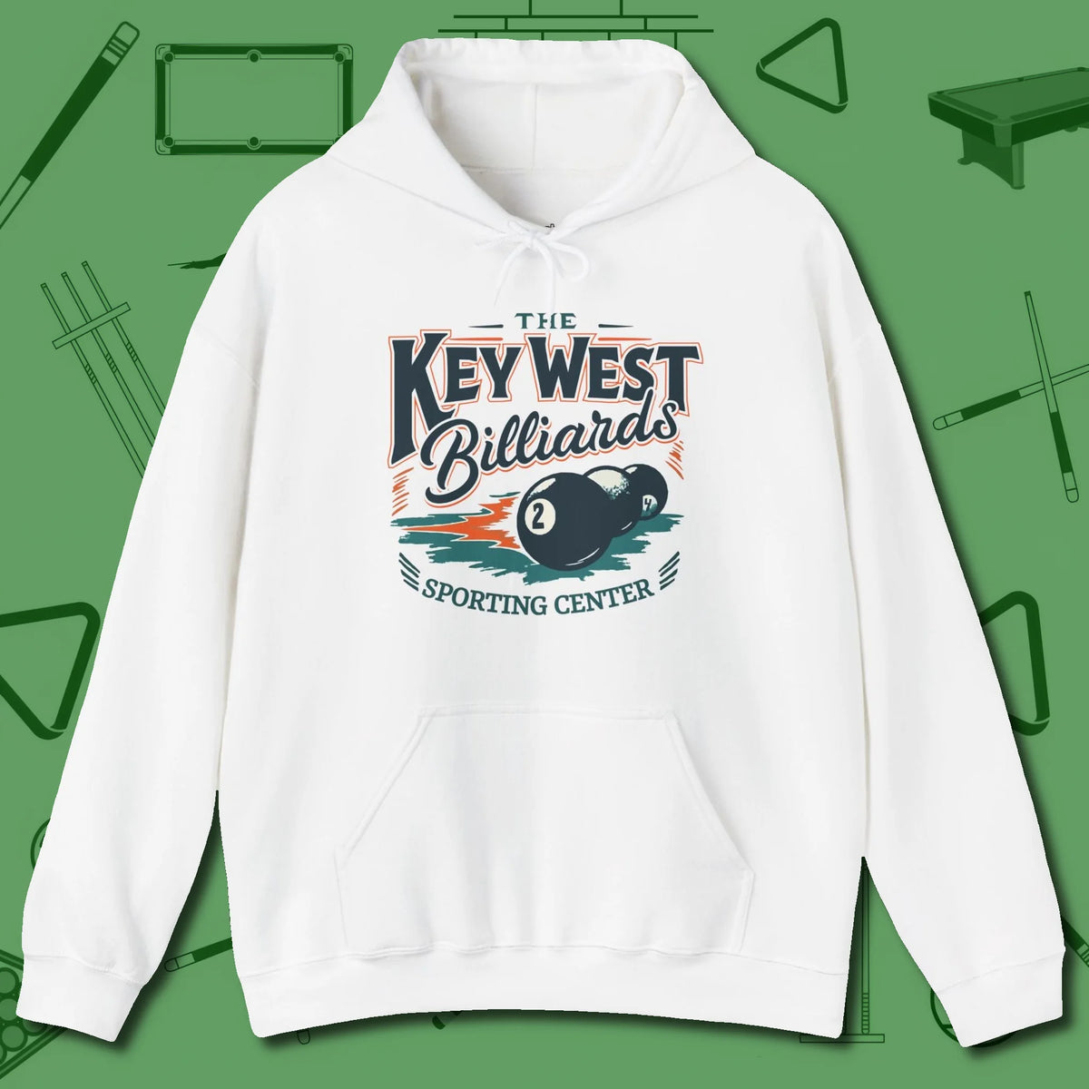 Key West Billiards Hoodie, front view, in White clean lines for dirty minds