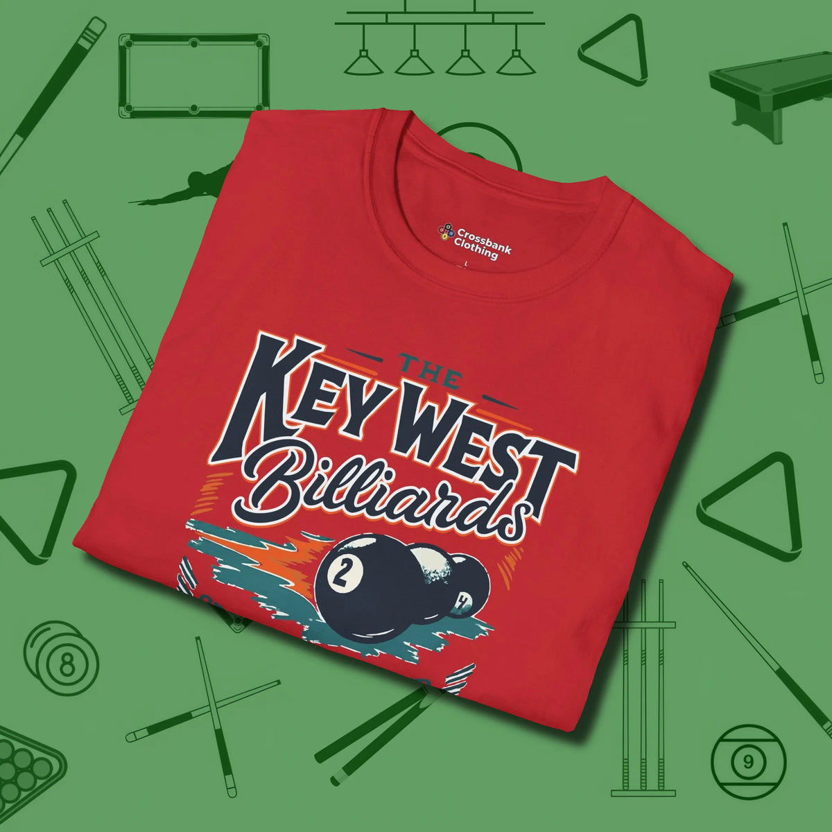 Key West Billiards T-Shirt, folded view, in Red earns respect before the first shot