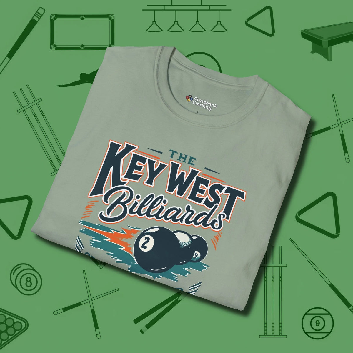 Key West Billiards T-Shirt, folded view, in Sage tough like your favorite break cue